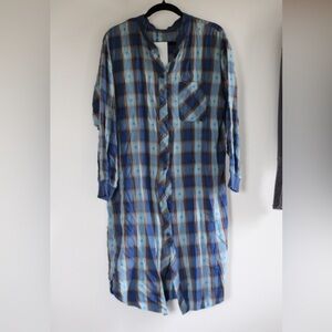 Blue Plaid Button-Front Long Shirt